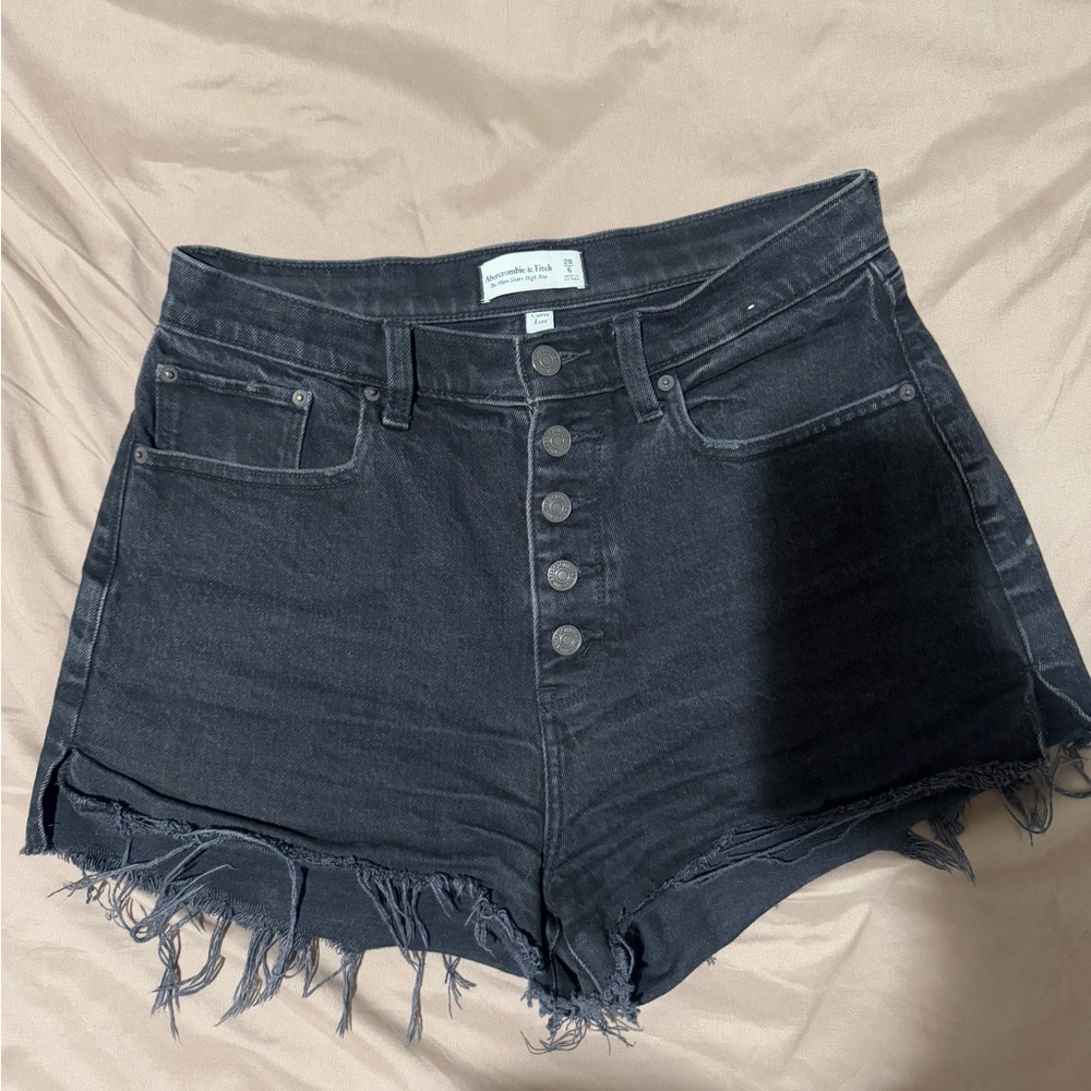 Abercrombie & Fitch Black Jean Shorts with High Waist and Distressed Hem